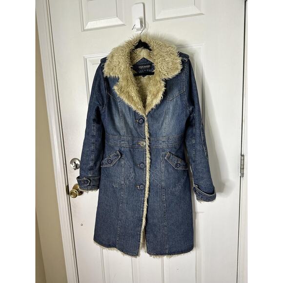 VTG Steve Madden Coat Womens Medium Blue Denim Faux Shearling Lined Long Y2K - Picture 4 of 10